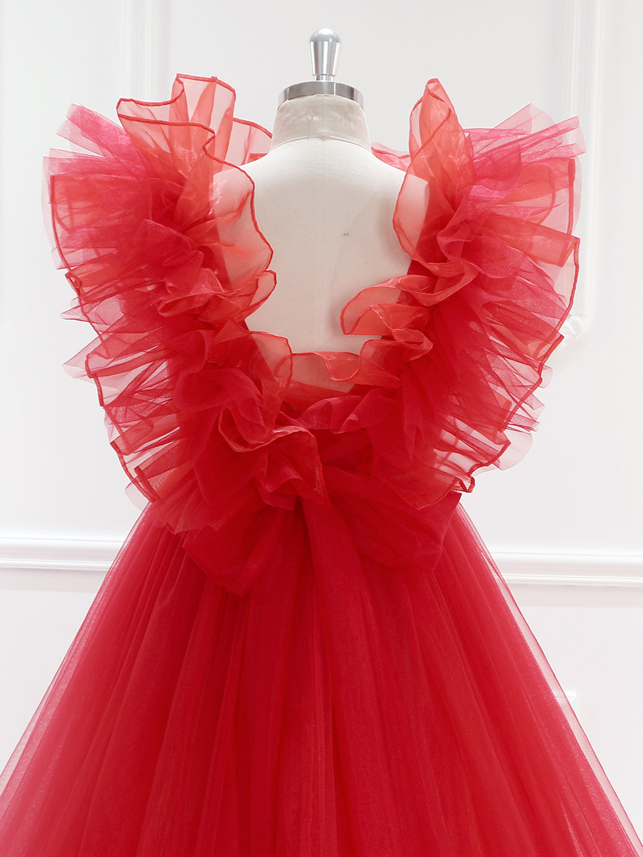 Long Train Ruffles, Tulle Red Wedding Dress, Photo Shoot Dress