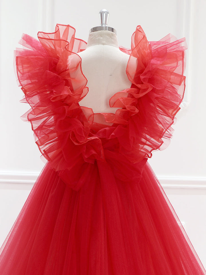 Long Train Ruffles, Tulle Red Wedding Dress, Photo Shoot Dress