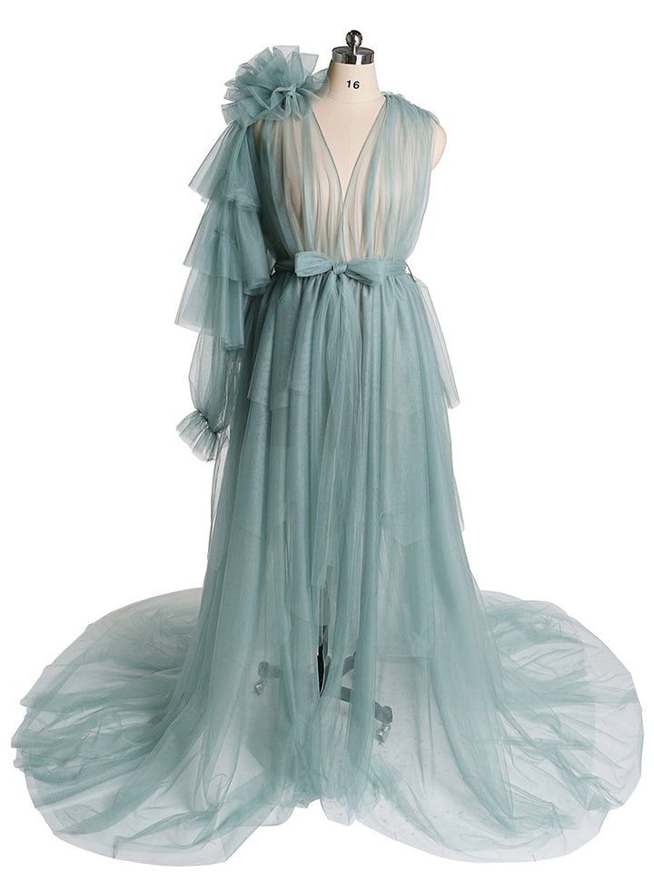 Maxi-Ballkleid mit V-Ausschnitt, Blumenmuster, eine Schulter, Umstandskleid für Babyparty 