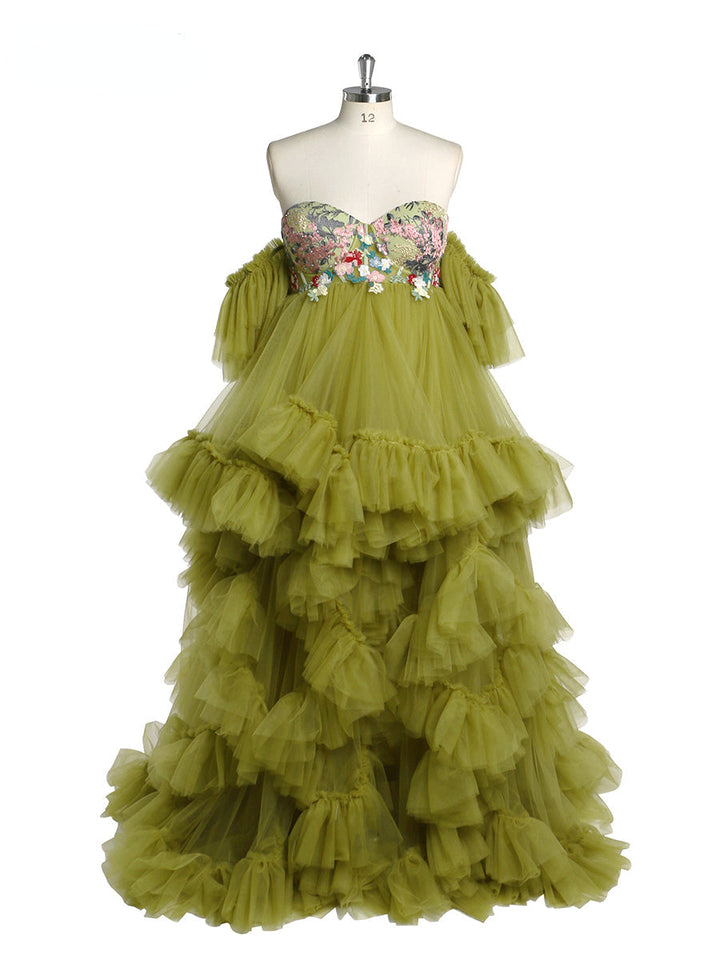 Tüll mit Stickerei Spitze Umstandskleid für Foto-Shooting Rüschen Maxi Frau Fotografie Kleid Outfit YW220628 