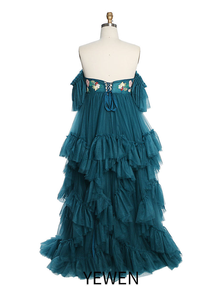 Tüll mit Stickerei Spitze Umstandskleid für Foto-Shooting Rüschen Maxi Frau Fotografie Kleid Outfit YW220628 