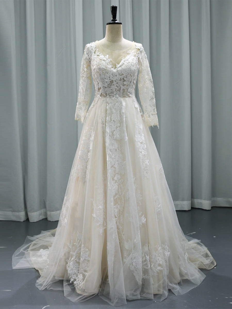 Unique Lace Wedding Dress , Floral Embroidered , Long Sleeves,  Bridal Gown