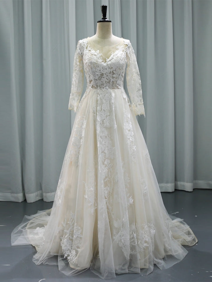 Unique Lace Wedding Dress , Floral Embroidered , Long Sleeves,  Bridal Gown