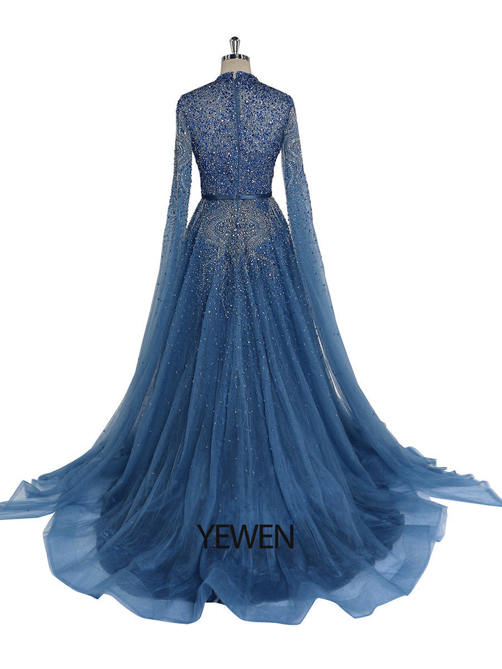 Blaue A-Linie High-End Perlen Luxus Cape Ärmel Abendkleider YEWEN 