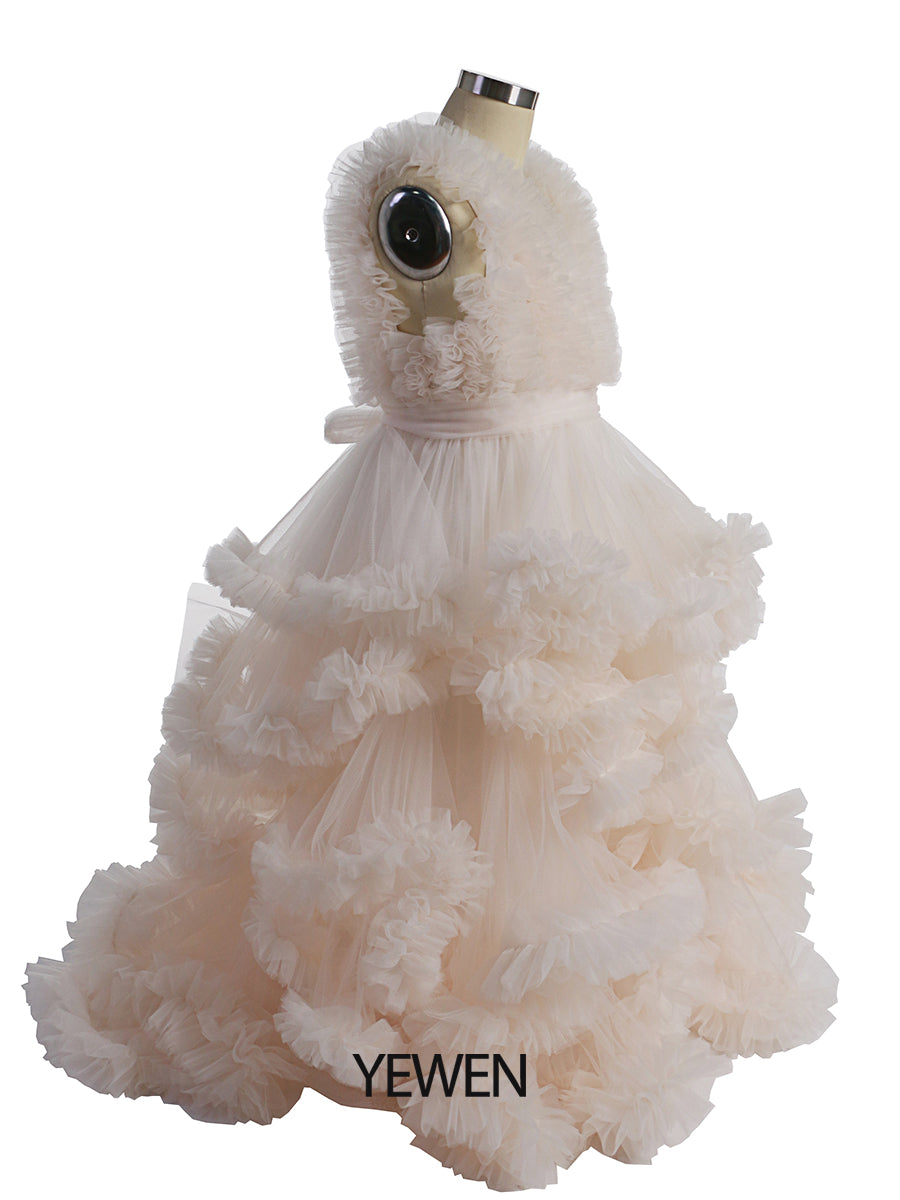 Weiche Tüllrüschen V-Ausschnitt Erstkommunionkleider für Mädchen Blumenmädchenkleider Prinzessin Partykleid Fotoshootingkleid YW220920 