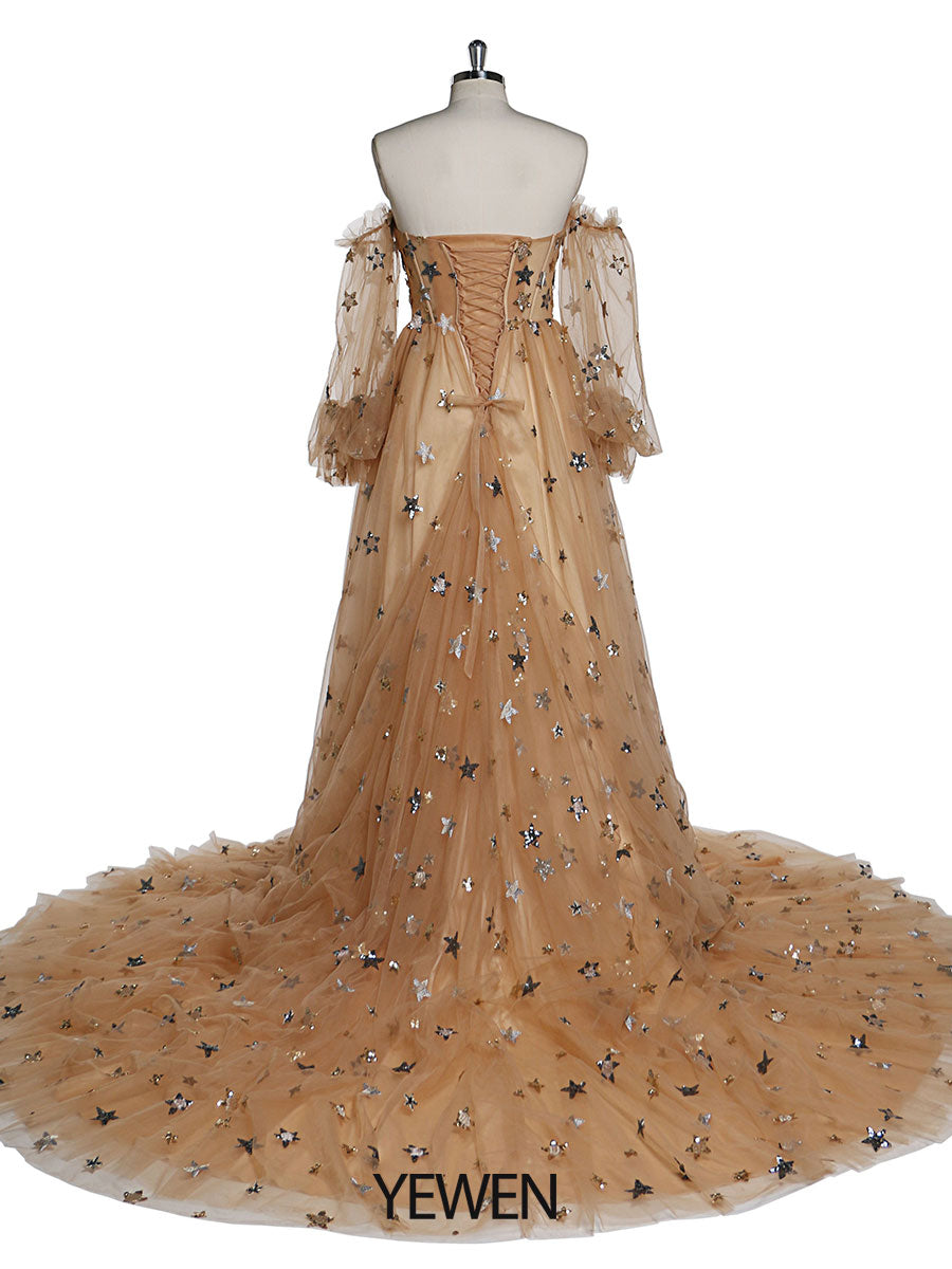 Abendkleid mit funkelnden Sternen, lang, abnehmbare Ärmel, formelles Partykleid, Fotoshooting-Kleid, Übergröße, YW220311 