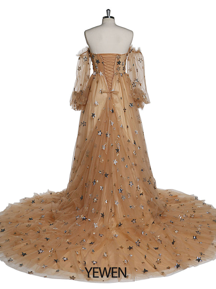 Abendkleid mit funkelnden Sternen, lang, abnehmbare Ärmel, formelles Partykleid, Fotoshooting-Kleid, Übergröße, YW220311 