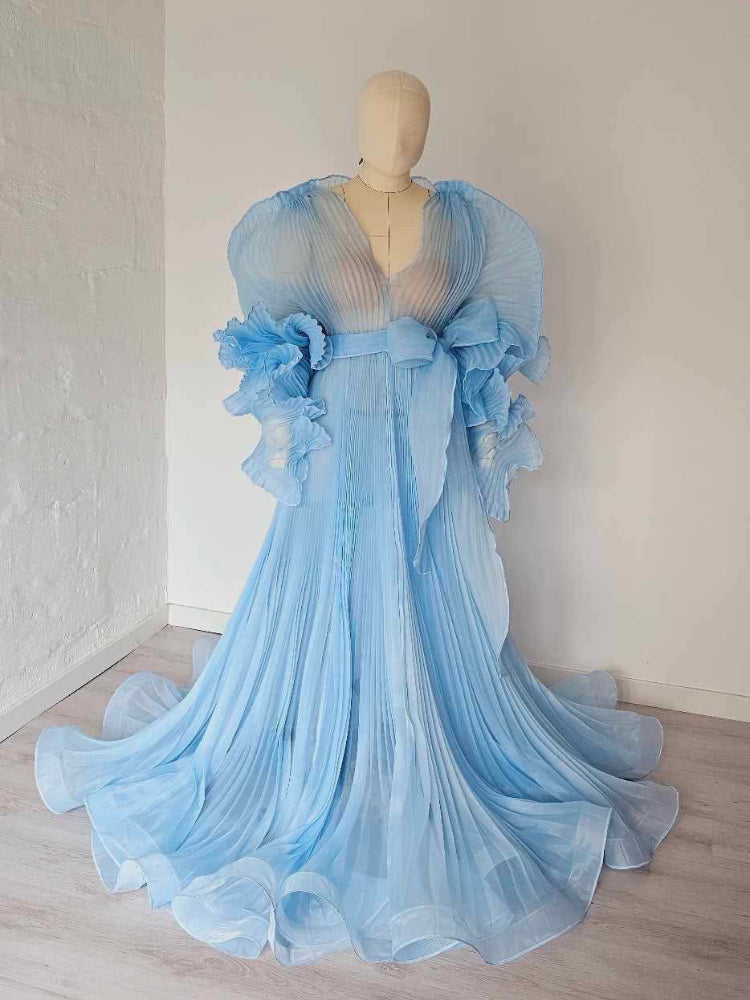 V-Ausschnitt, plissiertes Organza-Umstandskleid für Fotoshooting, großer Rock, transparentes Kleid für Schwangerschafts-Babyparty, YW250013 