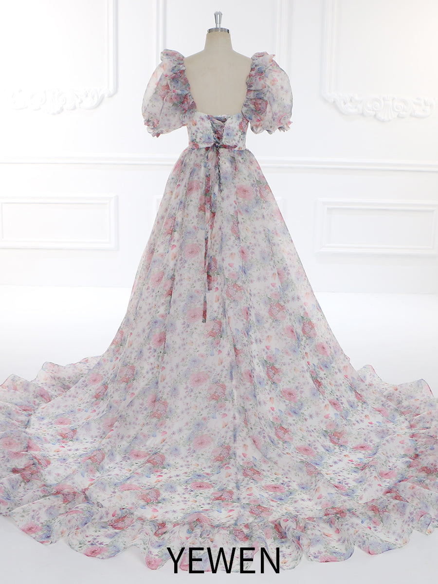 Print Floral Prom Dress Long Train Fancy Photo Shoots Gown Silk Soft Organza Maxi Dress YW231108