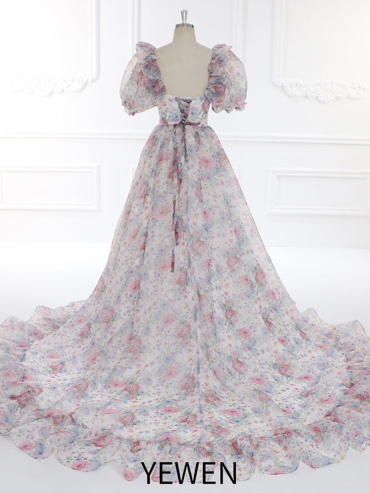 Print Floral Prom Dress Long Train Fancy Photo Shoots Gown Silk Soft Organza Maxi Dress YW231108