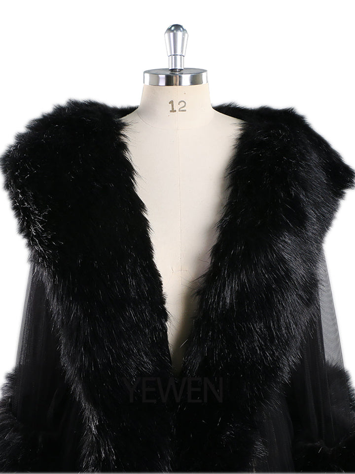 Schwarzes Pelz V-Ausschnitt Langes Umstandskleid für Fotoshooting Fotografie Schwangere Abendkleid 