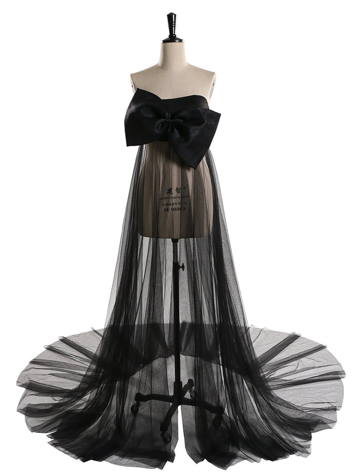 Elegantes Tüllkleid mit großer Schleife, trägerlos, durchsichtig, Umstandskleid für Babyparty, YW2130