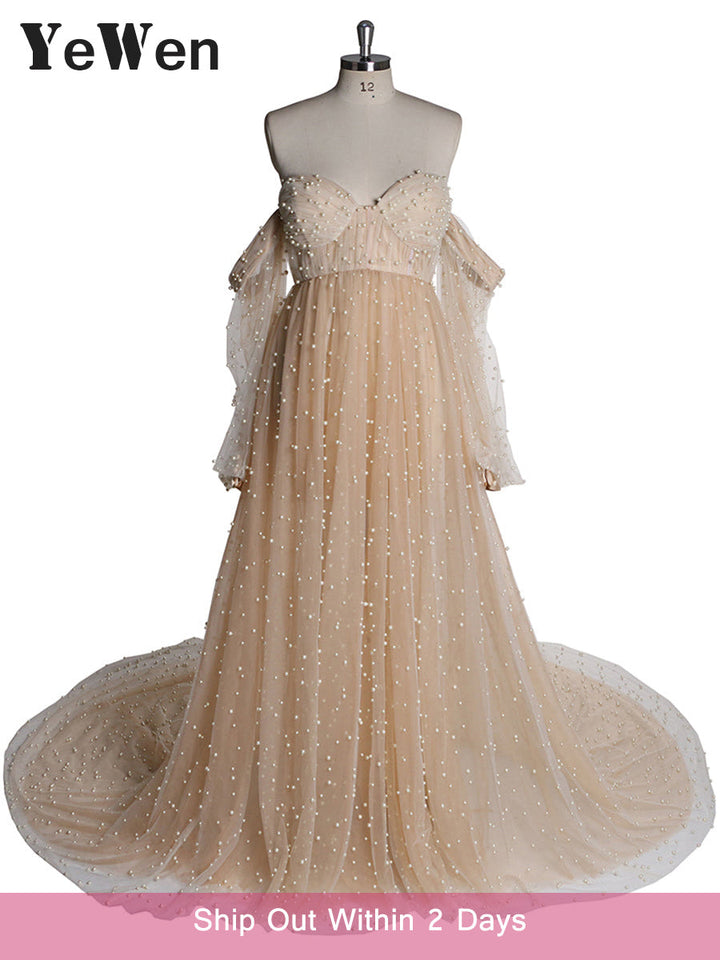 maternity photoshoot dress with pearls