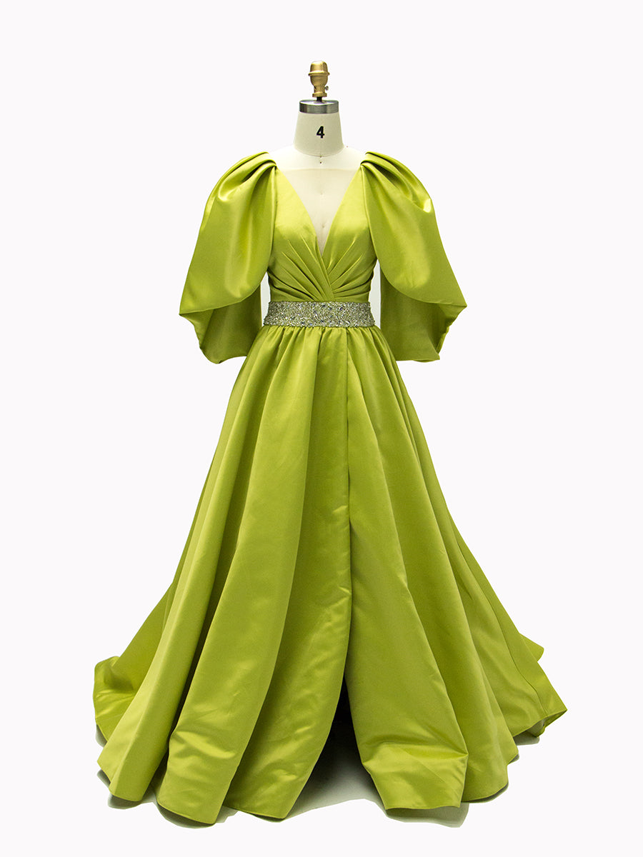 A-line, V-Neck,  Half Sleeves , Fluorescent Green Satin, Prom Dresses 