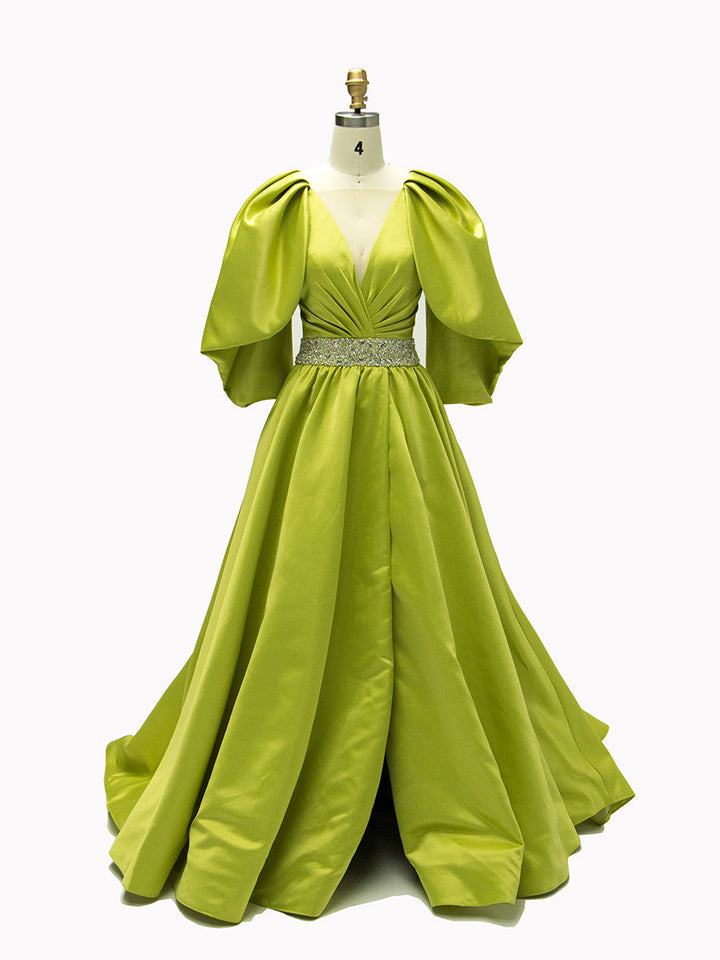 A-line, V-Neck,  Half Sleeves , Fluorescent Green Satin, Prom Dresses 