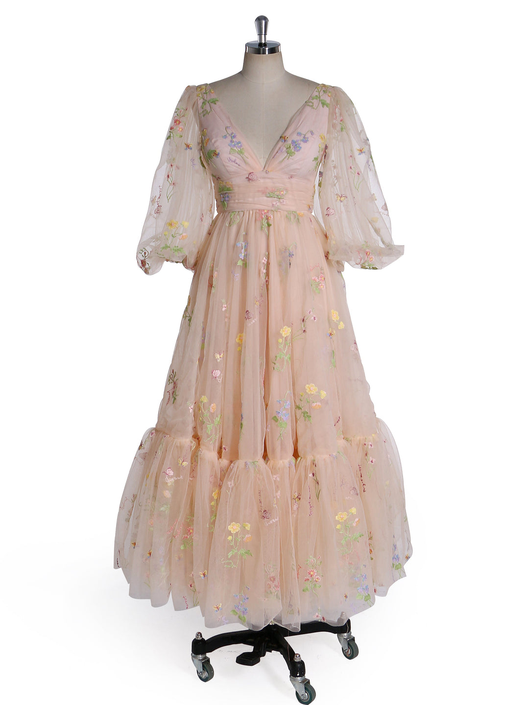 V-Neck , Embroidery Tulle , Puffy Sleeves,  Tea Party Dresses
