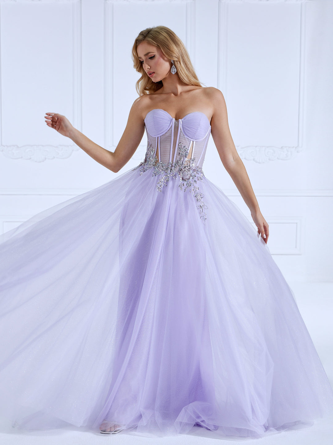 A-line Off , the Shoulder Floor-Length,  Light Purple , Prom Dresses With Sequins Beads