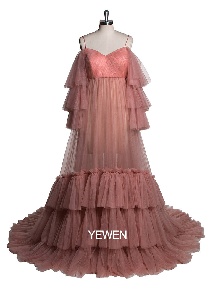 Elegantes Umstandskleid in Übergröße mit Rüschen und langen Ärmeln, Brautkleid, Hochzeitskleid für Fotoshooting 
