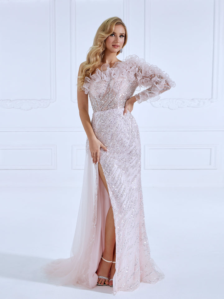 Trumpet/Mermaid, One Shoulder, Sweep Train, Soft Pink, Sequin Prom Dresses 