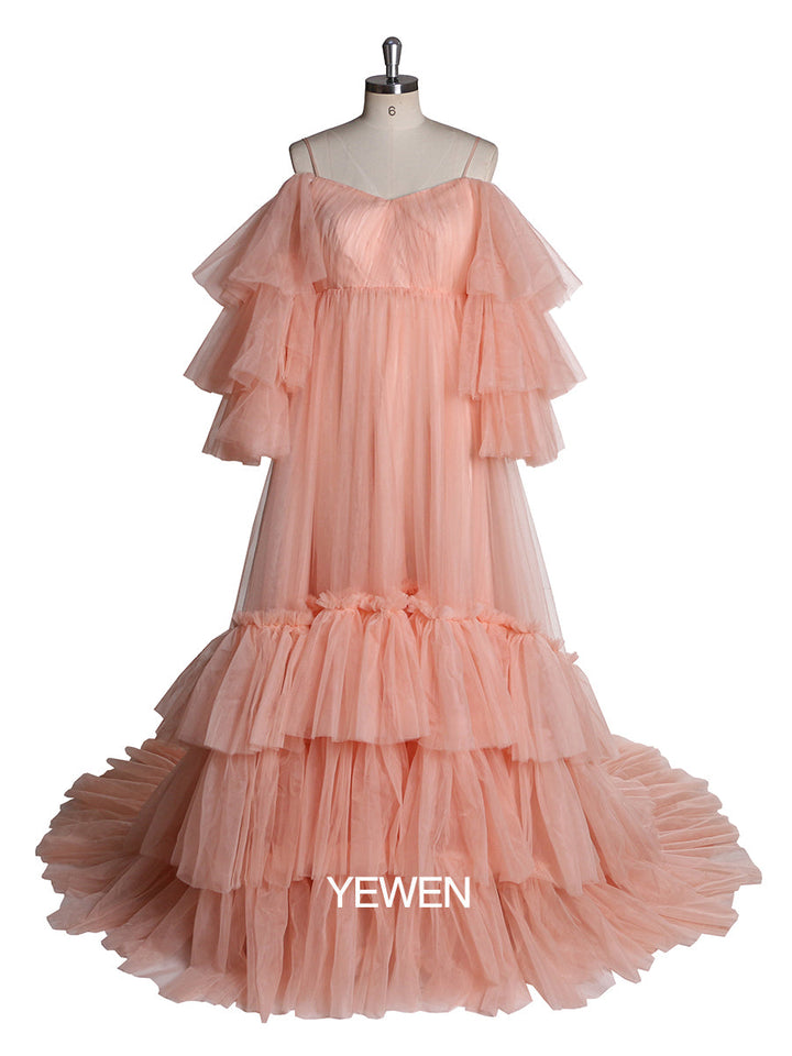 Elegantes Umstandskleid in Übergröße mit Rüschen und langen Ärmeln, Brautkleid, Hochzeitskleid für Fotoshooting 