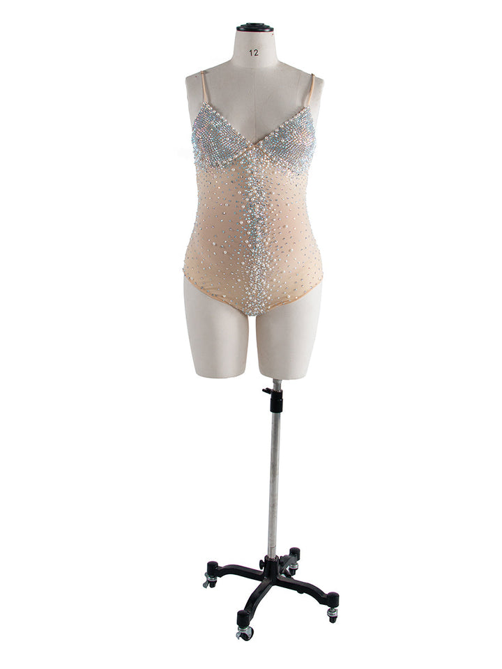 Dehnbarer Netz-Umstandsbodysuit mit Strasssteinen und Perlen, Schwangerschafts-Fotoshooting, figurbetonter Strampler #GJ001 