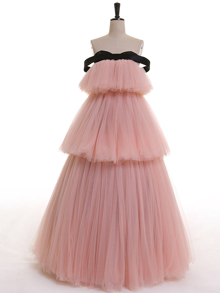 Rosa Prinzessinnen-Partykleid, gestuftes A-Linien-Trägerloses Umstandskleid 