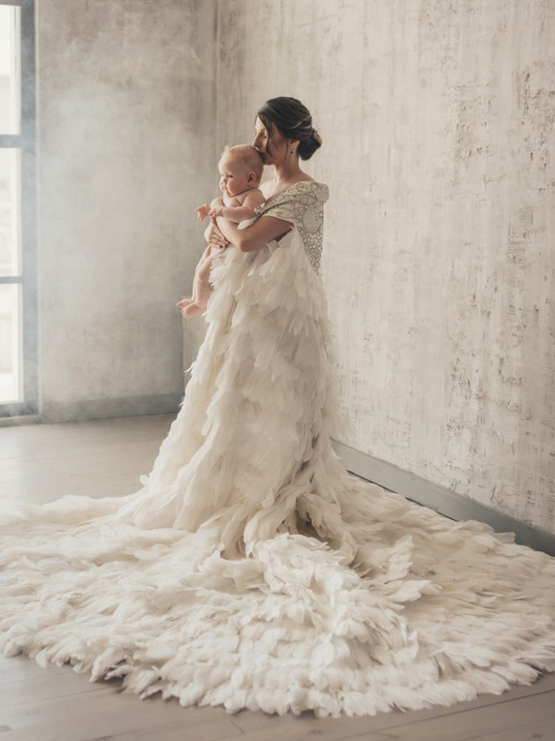 Vintage Federn Perlen Cape Hochzeit Umstandskleid für Fotografie