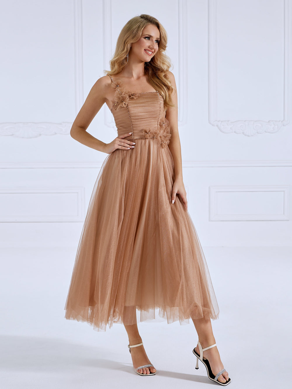 Spaghetti Strap, Glitter Mesh, Ankle Length , Prom Ball Gown 
