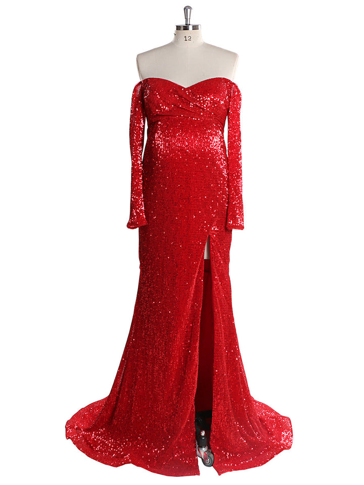 Langärmliges Pailletten-V-Ausschnitt-Abendkleid mit offener Vorderseite und Stretch-Bauch