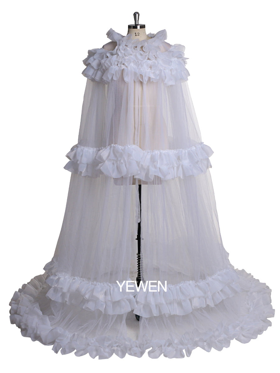 Elegantes Cape, plissiertes, gerüschtes Maxi-Brautkleid, Jacke für Umstandskleid-Fotoshooting
