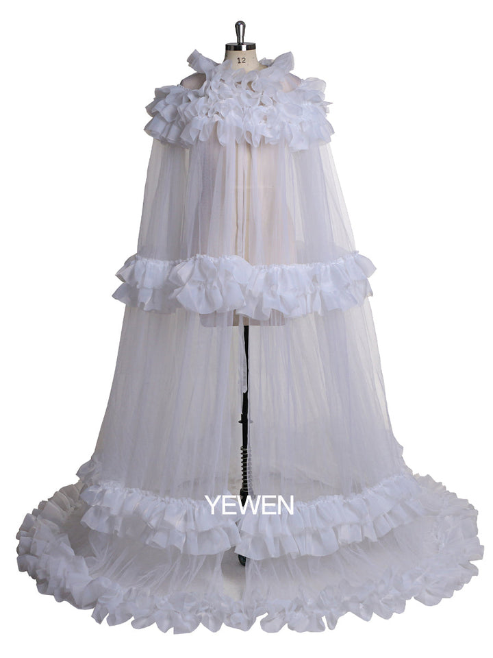 Elegantes Cape, plissiertes, gerüschtes Maxi-Brautkleid, Jacke für Umstandskleid-Fotoshooting