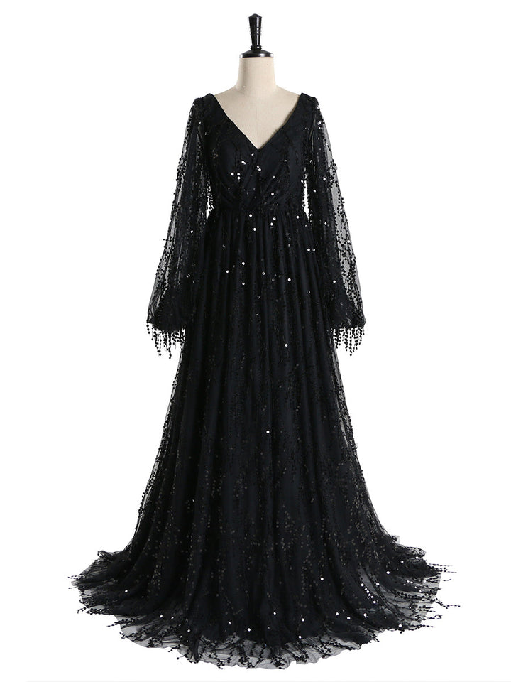 Schwarzes V-Ausschnitt Pailletten Elegantes Langarm Abendkleid Formelle Partykleider 