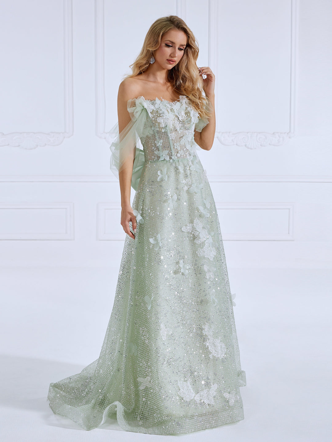 A Line, Prom Dresses, Sparkle Mesh appliques ,Off The Shoulder , Evening Dress 