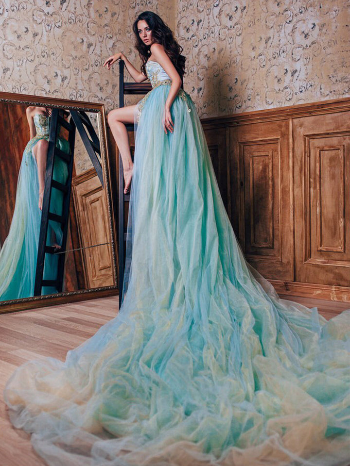 Elegantes Umstandskleid für Fotoshooting, trägerlos, Schlitz, Tüll, Hochzeits- und Abend-Maxikleid mit 2 m Schleppe 