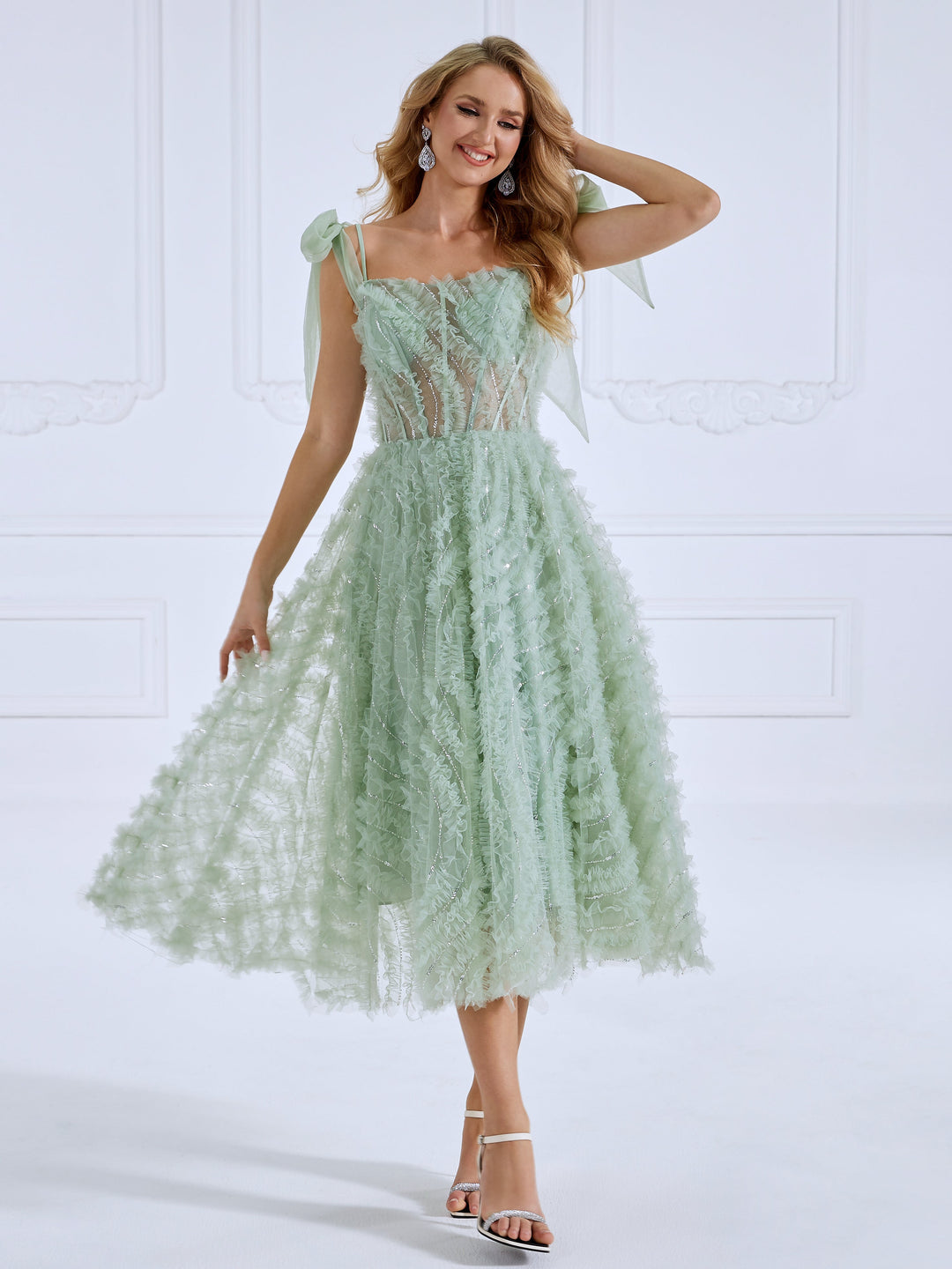 Sleeveless Scoop, Neckline Ruffled , Prom Dress