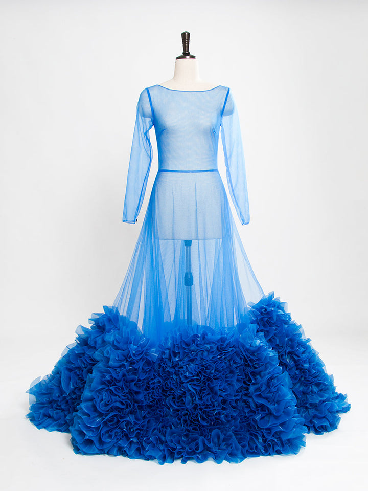 Blaues Langarm-Umstandskleid im Meerjungfrauen-Stil, Rundhalsausschnitt, durchsichtig, sexy Partykleid 