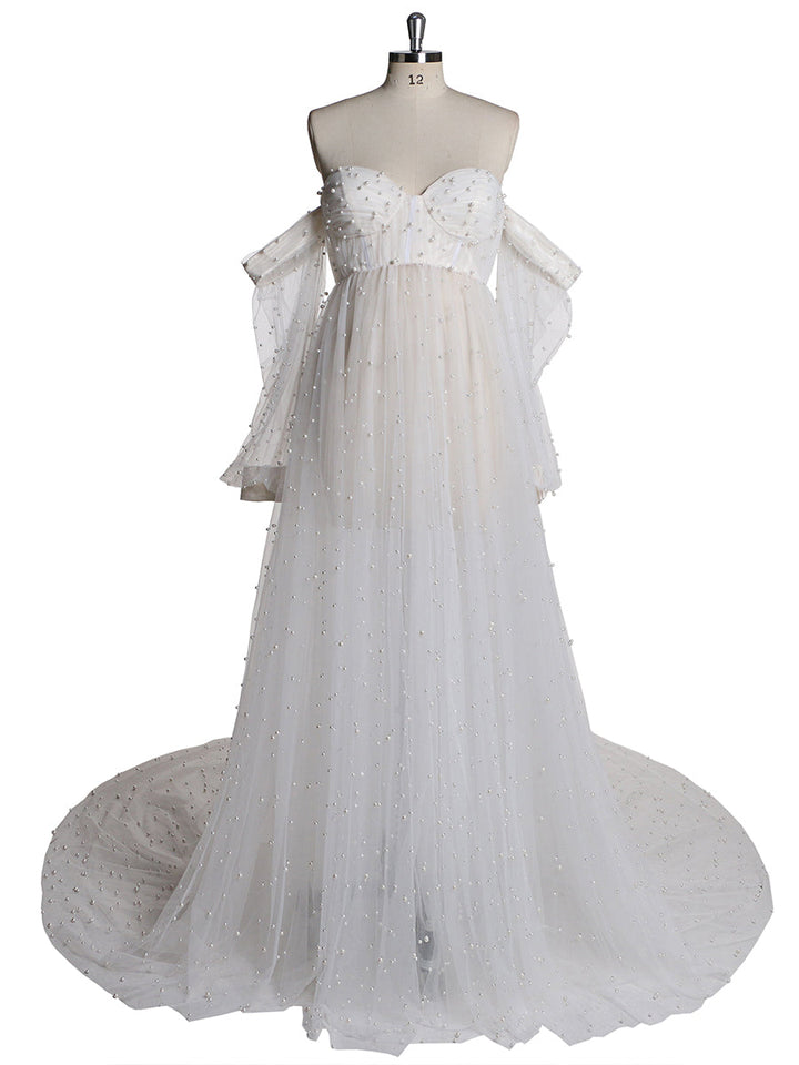 Schulterfreies, elfenbeinfarbenes, langärmliges Umstandskleid mit Perlen vorne und offen, Fotoshooting-Kleid für Damen LT024 
