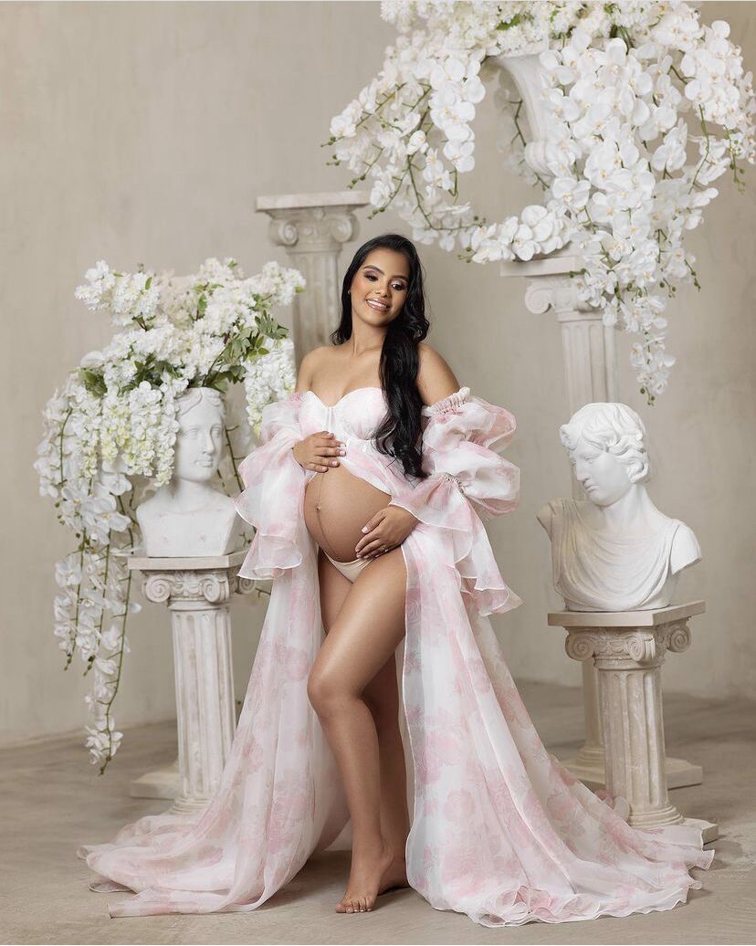 Neue Umstandskleider aus Organza-Seide mit Blumendruck für Fotoshootings, Babypartys, Fotografie-Requisiten, Schnürung am Rücken, YW221105 