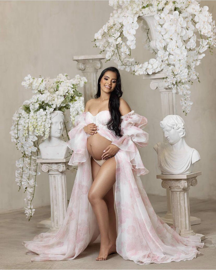 Neue Umstandskleider aus Organza-Seide mit Blumendruck für Fotoshootings, Babypartys, Fotografie-Requisiten, Schnürung am Rücken, YW221105 