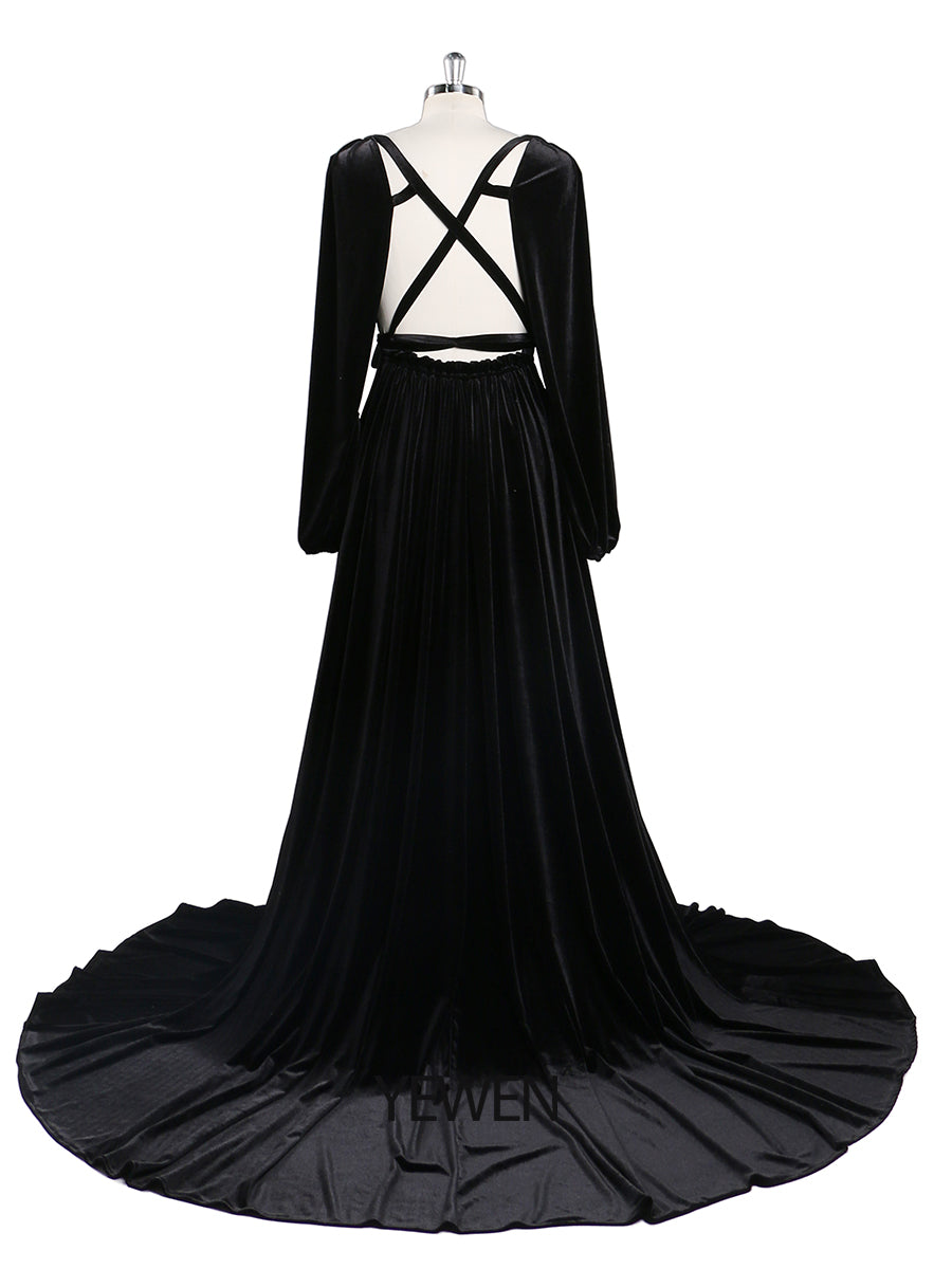 Schwarzes Abendkleid aus Samt mit V-Ausschnitt, langen Ärmeln, Stretch-Taille, seitlichem Schlitz, Fotoshooting-Kleid, Umstandskleider YD211012 