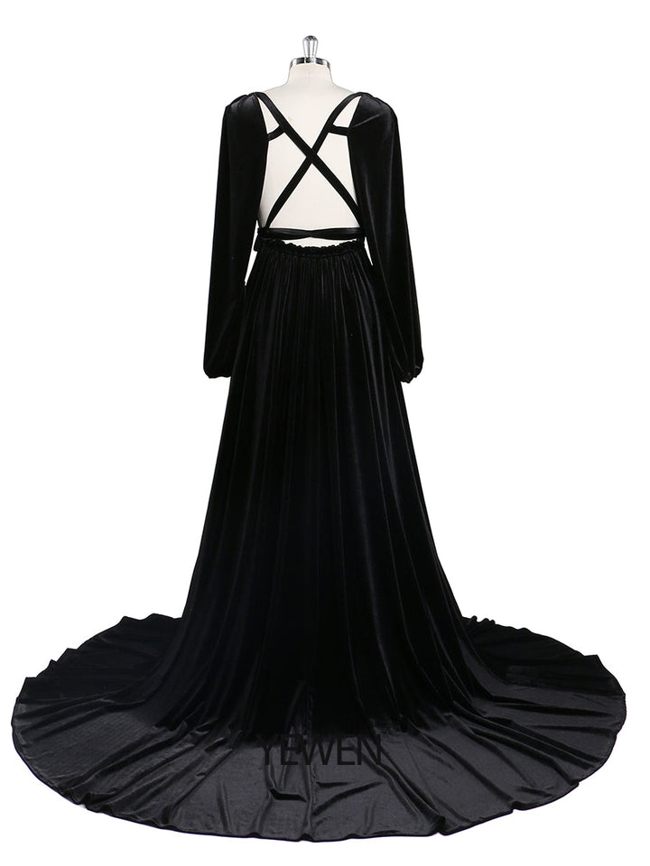 Schwarzes Abendkleid aus Samt mit V-Ausschnitt, langen Ärmeln, Stretch-Taille, seitlichem Schlitz, Fotoshooting-Kleid, Umstandskleider YD211012 