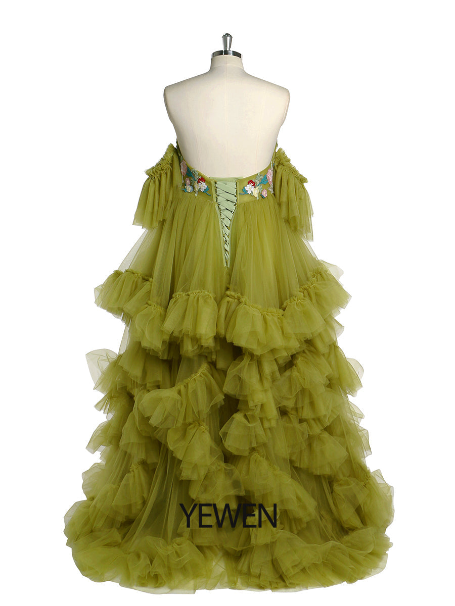 Tüll mit Stickerei Spitze Umstandskleid für Foto-Shooting Rüschen Maxi Frau Fotografie Kleid Outfit YW220628 