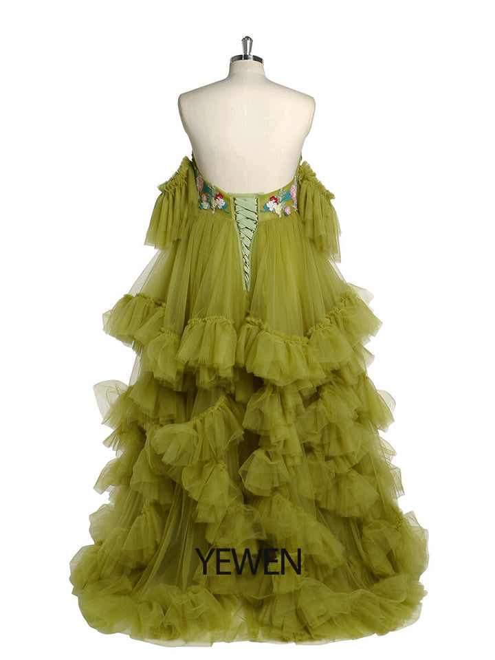Tüll mit Stickerei Spitze Umstandskleid für Foto-Shooting Rüschen Maxi Frau Fotografie Kleid Outfit YW220628 