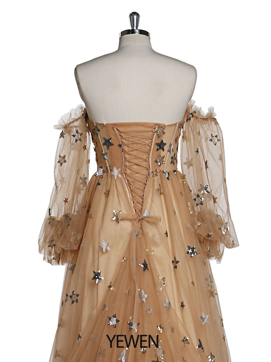 Abendkleid mit funkelnden Sternen, lang, abnehmbare Ärmel, formelles Partykleid, Fotoshooting-Kleid, Übergröße, YW220311 