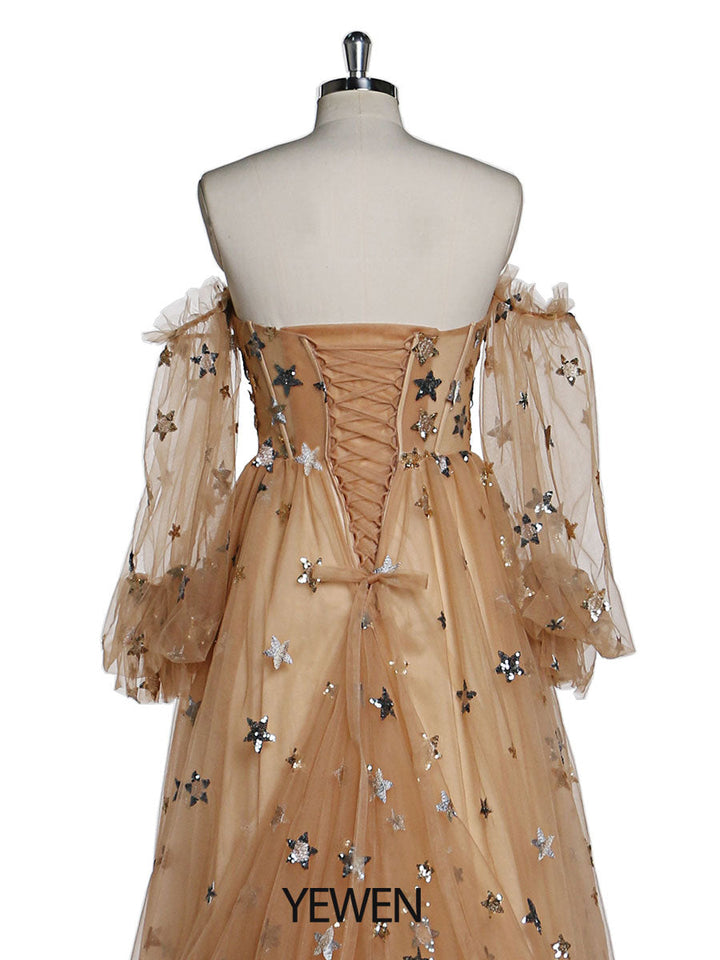 Abendkleid mit funkelnden Sternen, lang, abnehmbare Ärmel, formelles Partykleid, Fotoshooting-Kleid, Übergröße, YW220311 