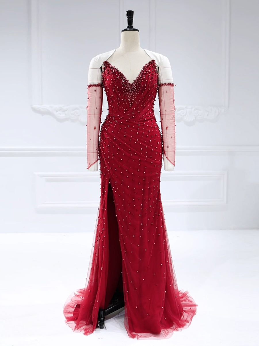 Strapless , Long Sweetheart Pearls , Prom Dress with Detachable Sleeves