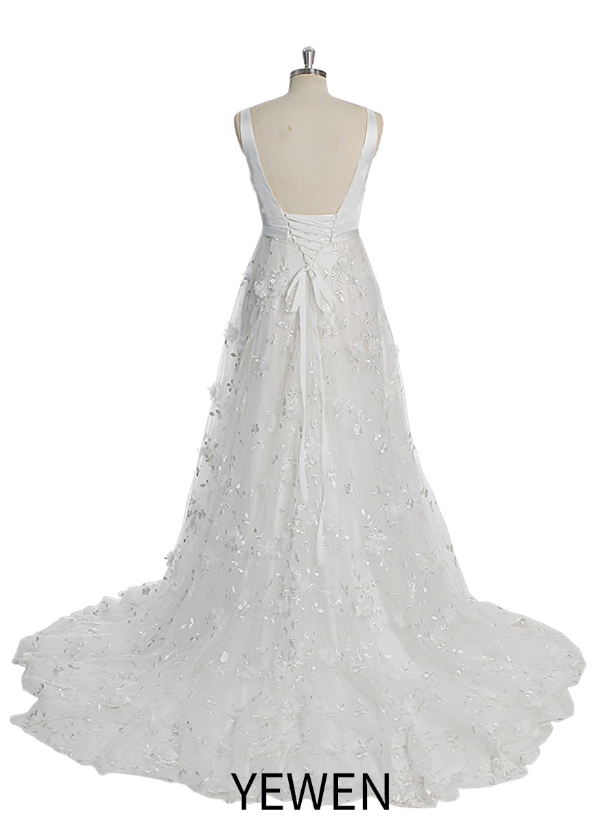 Doppelter V-Ausschnitt Tüll Spitze Bohemian Strand Brautkleid YW230217