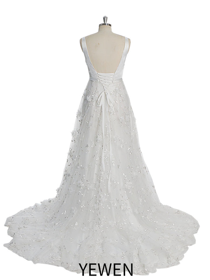 Doppelter V-Ausschnitt Tüll Spitze Bohemian Strand Brautkleid YW230217