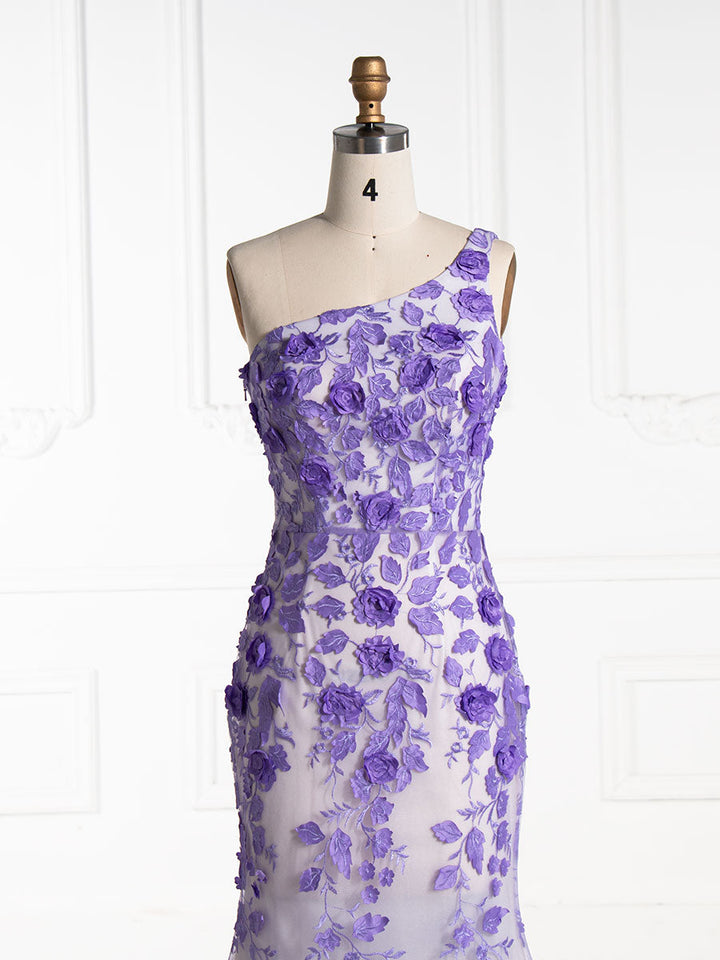 Mermaid One Shoulder, Purple Embroidery Lace, Prom Dresses 