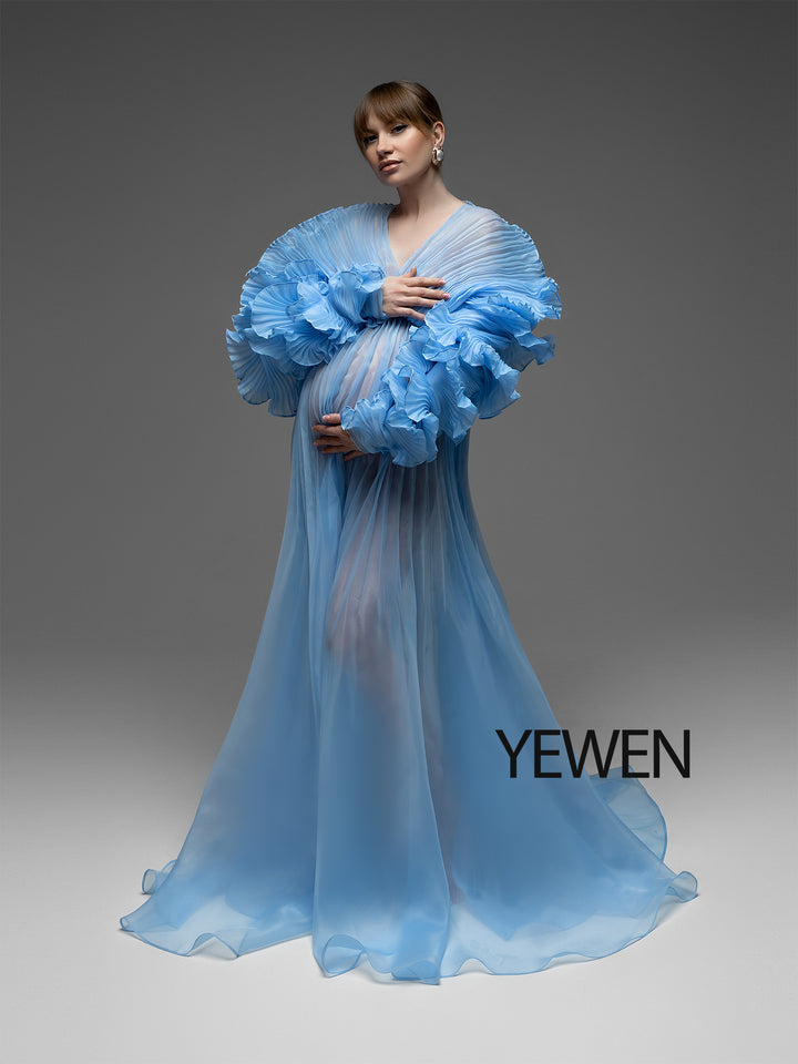 V-Ausschnitt, plissiertes Organza-Umstandskleid für Fotoshootings, langes Kleid für Schwangerschafts-Shootings, Babyparty-Kleider YW243116 